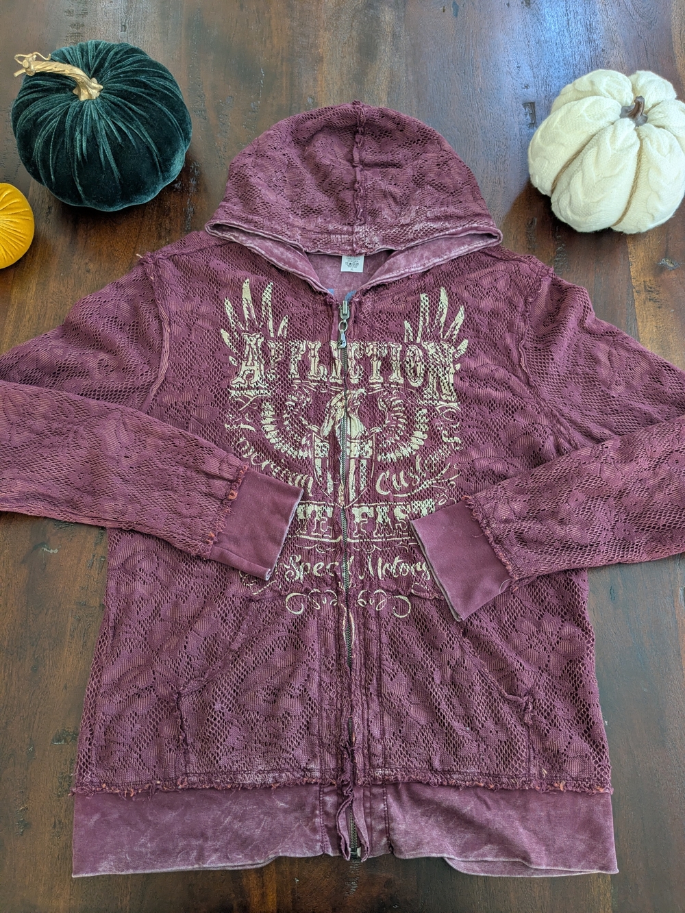 Affliction Reversible Floral Lace Full Zip Hoodie Plum Burgundy Grunge Y2K